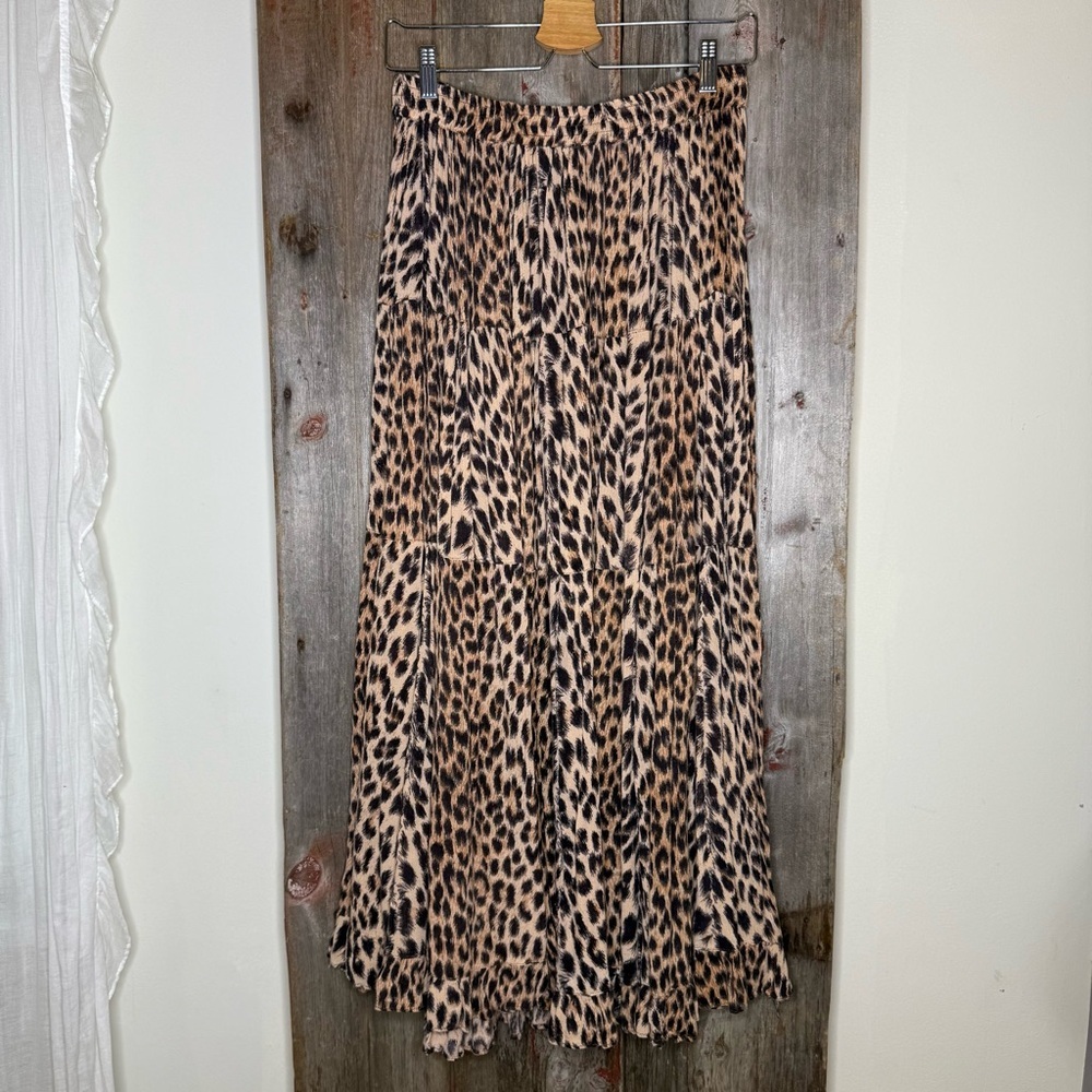Vintage Neo Nostalgia 90s Full Shirred Leopard Print Rayon Gauze Maxi Skirt L